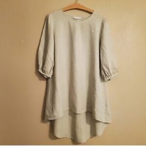 Brynn Walker Women's 100% Linen Puff Sleeve Tunic Blouse Size Large High Low Hem